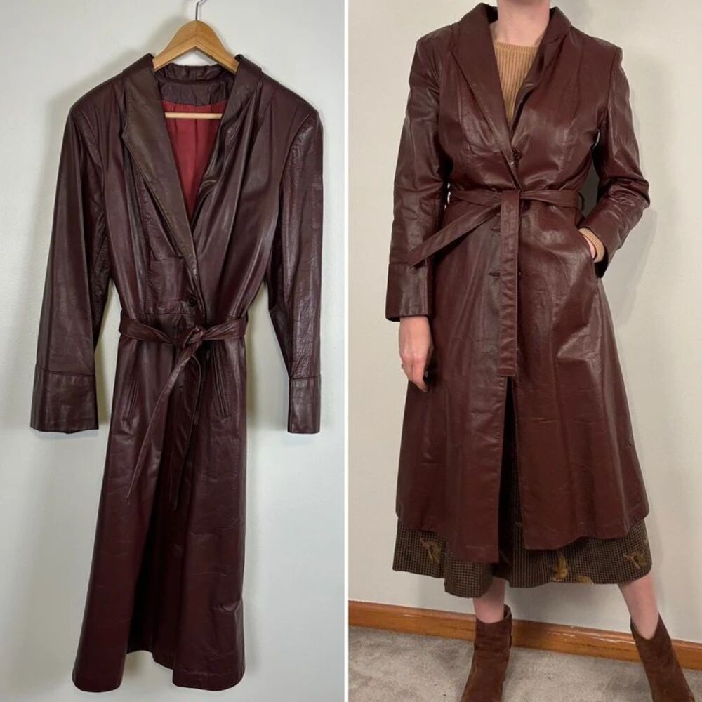 VTG 70s Leather Trench Coat Burgundy Maroon Belted Trench Maxi Long Jacket 14